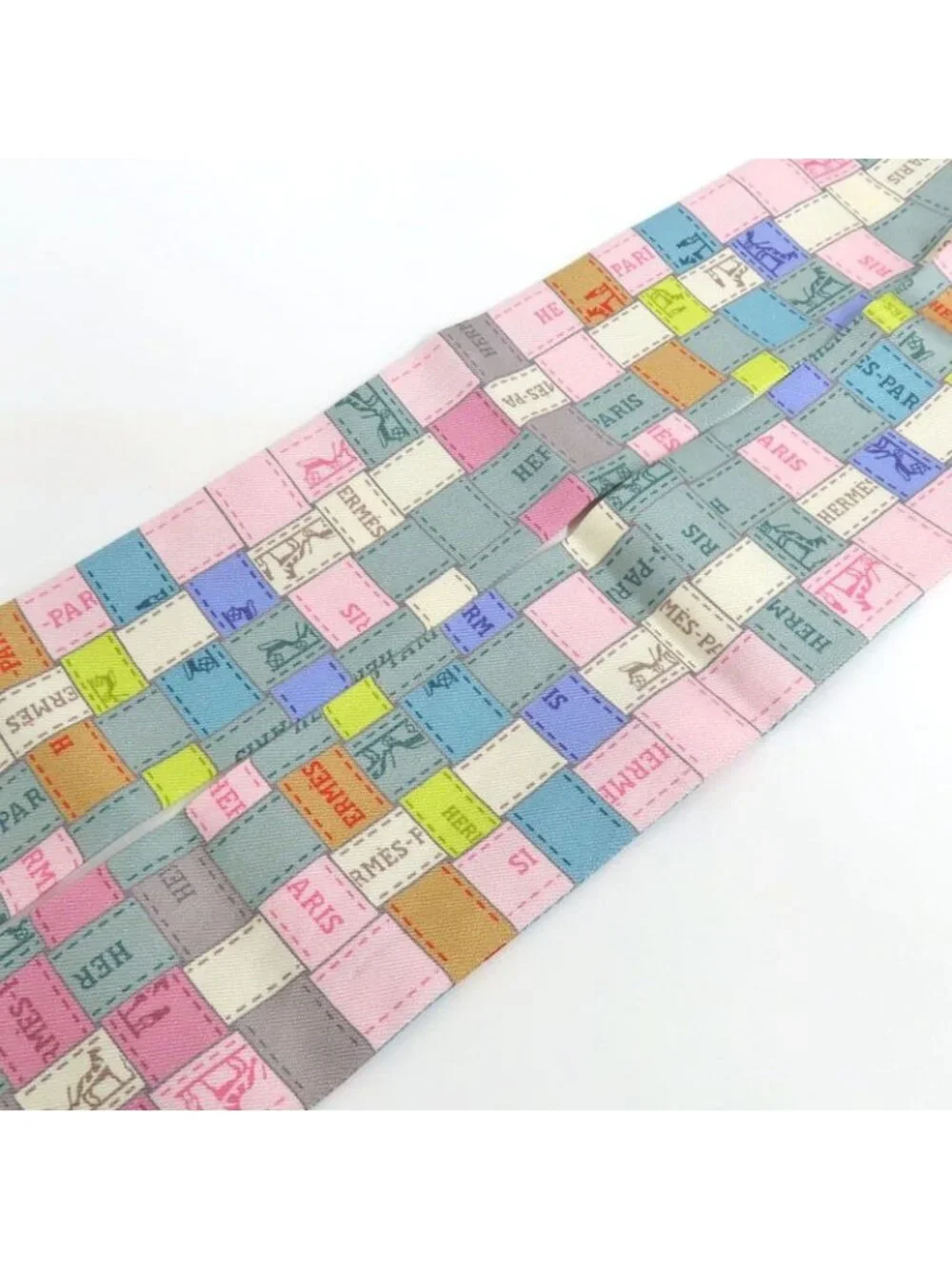 Hermes Twilly Bolduc Check Silk Gray Multicolor Pastel - Picture 3 of 7